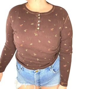Brit & Brittle Brown Dainty Delicate Floral Long Sleeve Button Henley Top Shirt